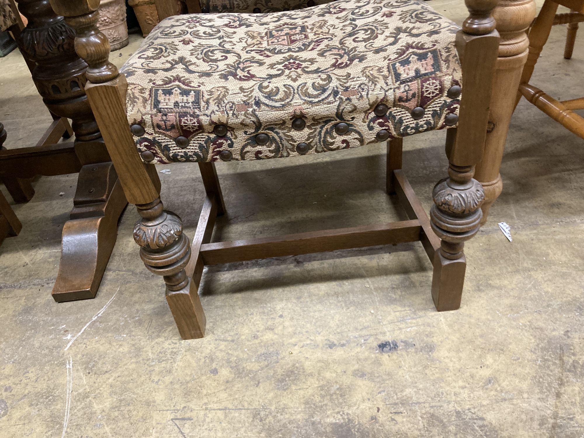 A rectangular 18th century style oak refectory dining table, length 182cm, depth 91cm, height 78cm, together with six matching dining chairs (two with arms)